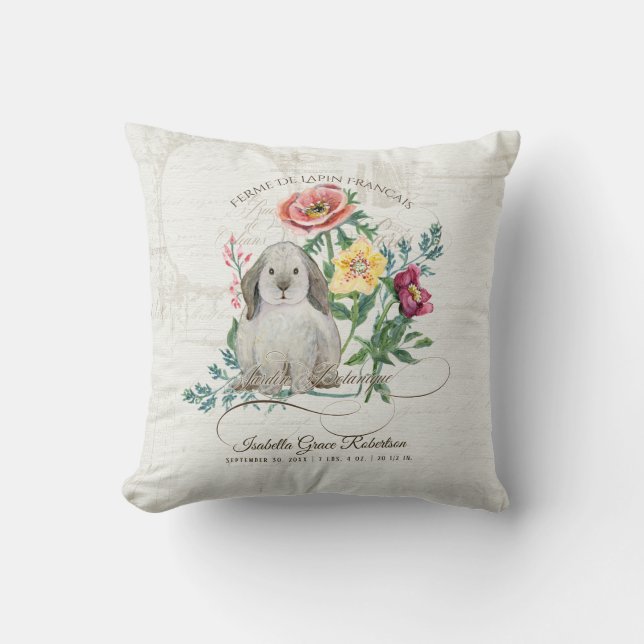 Baby Girl Birth Stats Name Nursery Floral Rabbit Throw Pillow (Front)