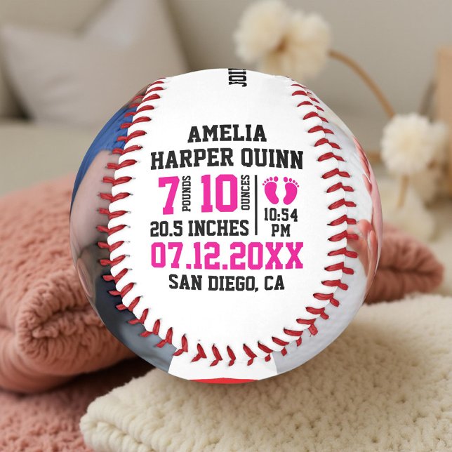 Baby Girl Birth Stats | Personalized Photo or Text Baseball (Creator Uploaded)