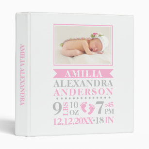 Baby Girl Birth Stats Pink 1st year PHOTO ALBUM 3 Ring Binder