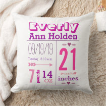 Baby Girl Birth Stats Pink and Purple Throw Pillow