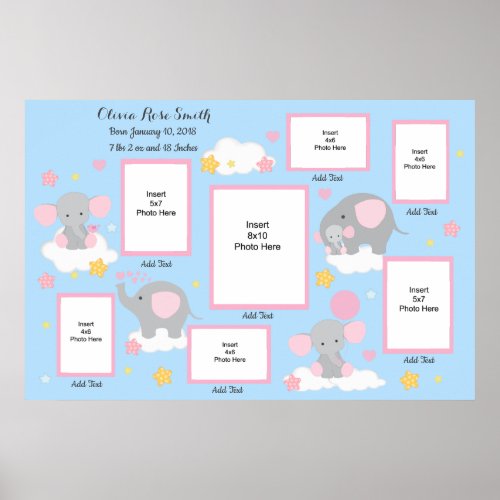 Baby Girl Birth Stats Pink Elephant Photo Collage Poster