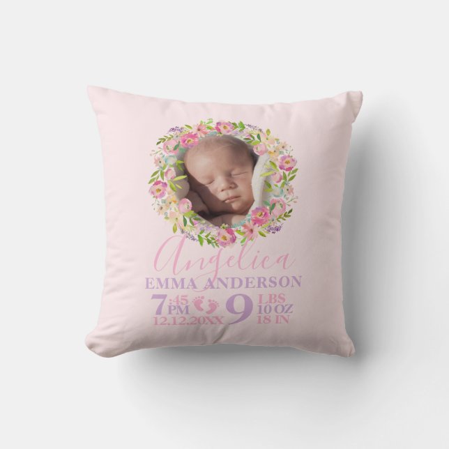 Baby Girl Birth Stats Pink Floral Wreath Nursery Throw Pillow (Front)