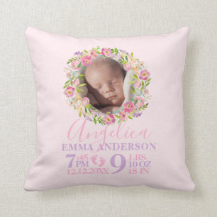 Baby Girl Birth Stats Pink Floral Wreath Nursery Throw Pillow