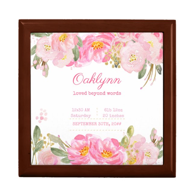 Baby Girl Birth Stats Pink Gold Floral Keepsake Gift Box (Front)