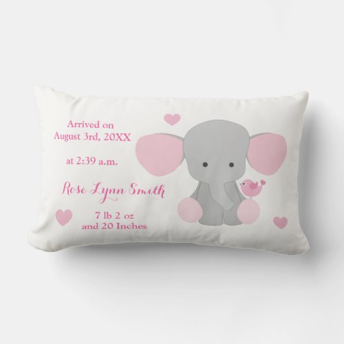 Baby Girl Birth Stats Pink Gray Elephant Chevron Lumbar Pillow