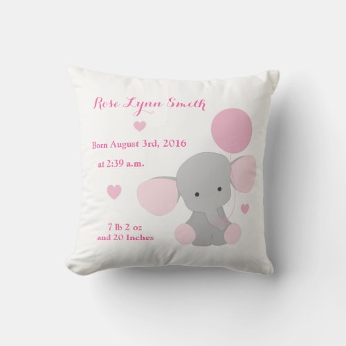 Baby Girl Birth Stats Pink Gray Elephant Chevron Throw Pillow