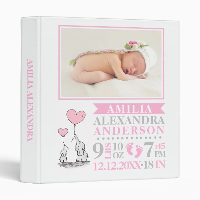 Baby Girl Birth Stats Pink Grey Keepsake PHOTO 3 Ring Binder (Front/Spine)