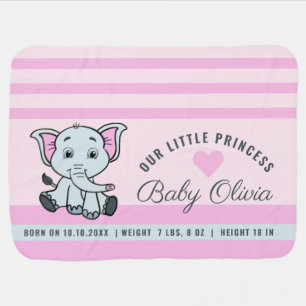 Baby Girl Birth Stats Pink Stripe Elephant Blanket