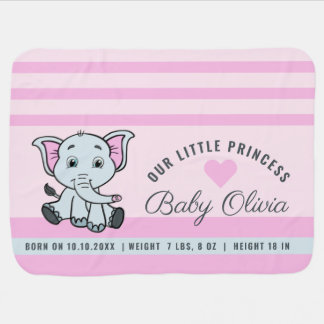 Baby Girl Birth Stats Pink Stripe Elephant Blanket