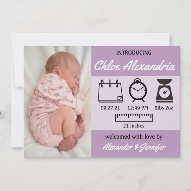 Baby Girl Birth Stats Purple Announcement (Front)