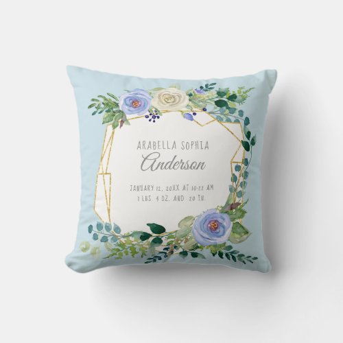 Baby Girl  Birth Stats Watercolor Blue Floral Art Throw Pillow