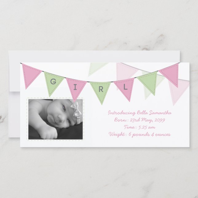 Baby Girl Birth Triangle Flags Banner Photocard Announcement (Front)