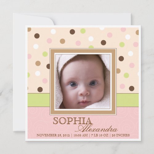 Baby Girl Birth Two Photos in Pink + Brown Dots Announcement