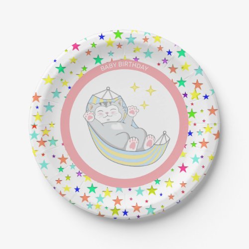 Baby Girl Birthday Kitty Cat  Multicolored Stars Paper Plates