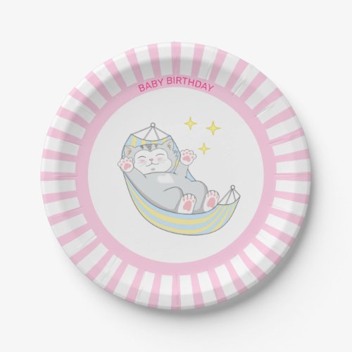 Baby Girl Birthday Kitty Cat on Pink  White Paper Plates
