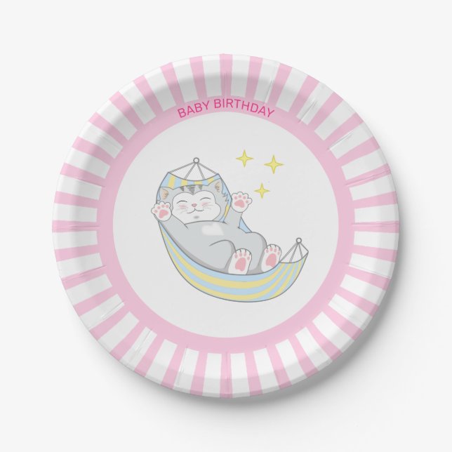Baby Girl Birthday Kitty Cat on Pink & White Paper Plates (Front)