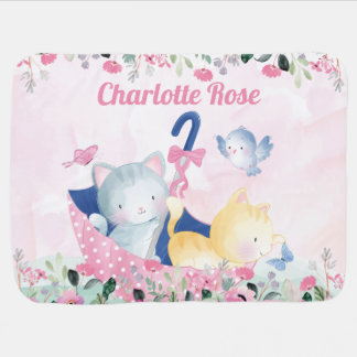 Baby Girl Blanket with Pink Flowers & Cute Kittens