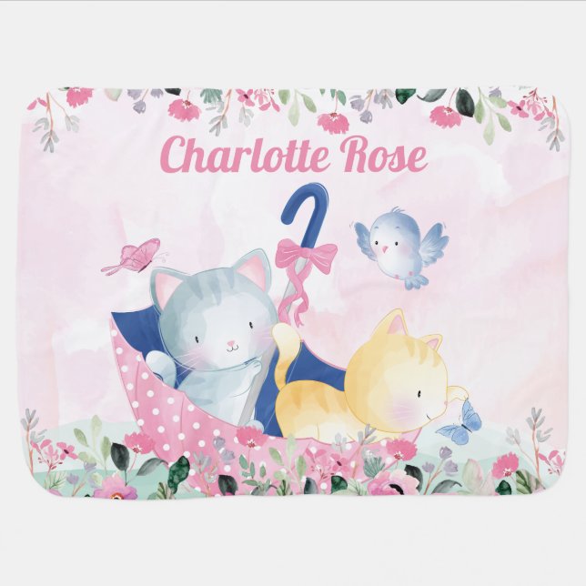 Baby Girl Blanket with Pink Flowers & Cute Kittens (Horizontal)