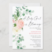 Baby girl blooming spring floral greenery shower invitation (Front)