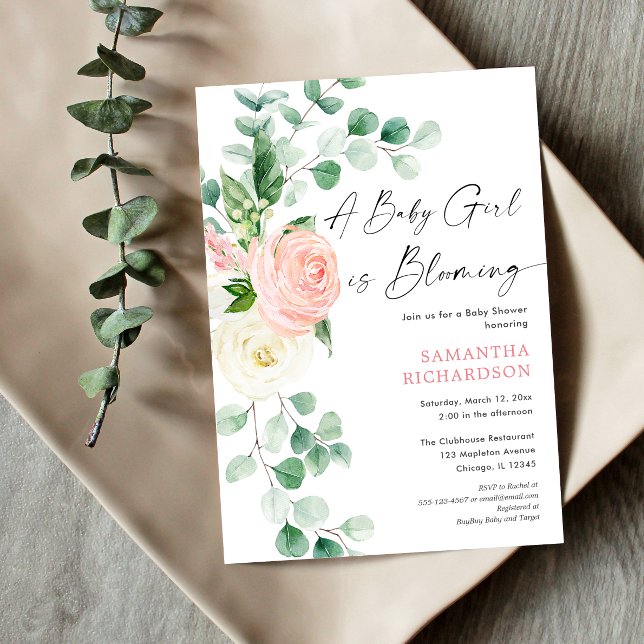 Baby girl blooming spring floral greenery shower invitation