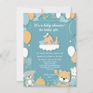 baby girl blue baloons celebration baby shower invitation