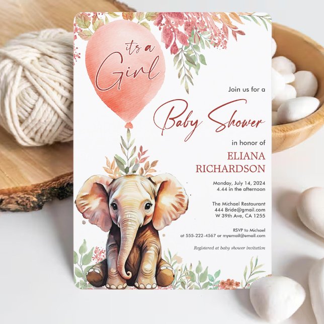 Baby Girl blush pink balloon elephant baby shower Invitation (Baby Girl blush pink balloon elephant baby shower Invitation)