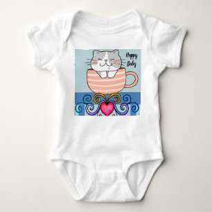 Baby Girl Bodysuit with Smiling Cat in Cup
