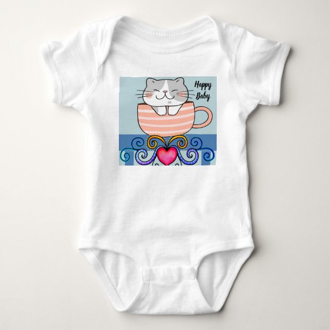 Baby Girl Bodysuit with Smiling Cat in Cup (Front)