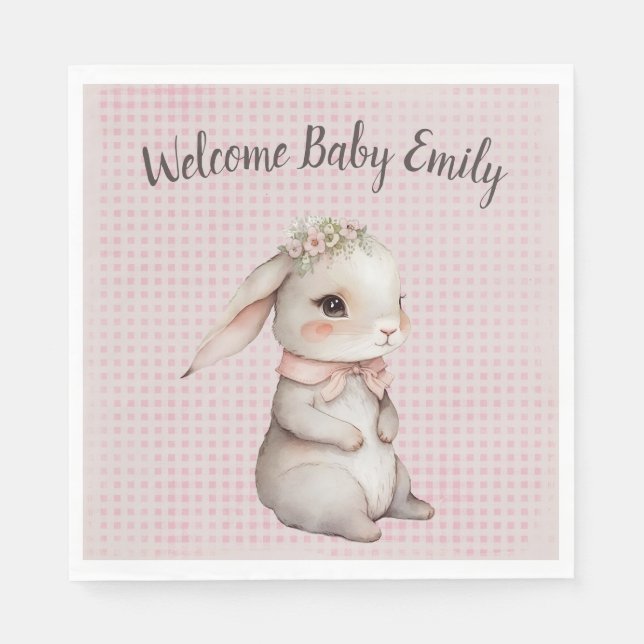 Baby Girl Boho Bunny On Gingham Napkins (Front)