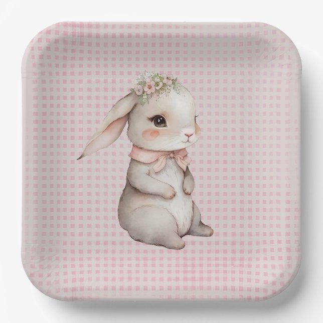 Baby Girl Boho Bunny On Gingham Paper Plates (Front)