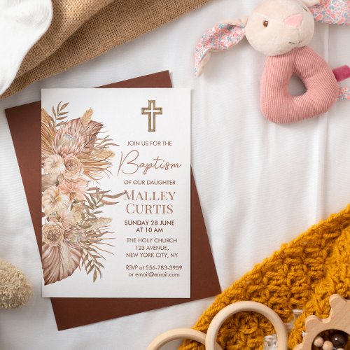 Baby Girl Boho Floral Brown Christening Invitation