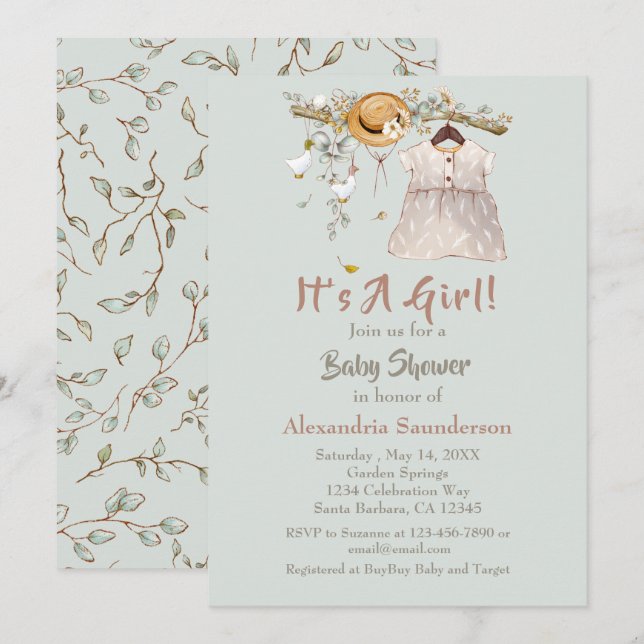 Baby Girl Boho Greenery Rustic Invitation (Front/Back)