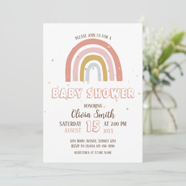 Baby Girl Boho Rainbow Baby Shower Invitation (Standing Front)