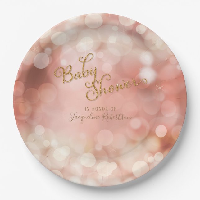 Baby Girl Bokeh Sparkle Twinkle Lights Pastel Pink Paper Plates (Front)