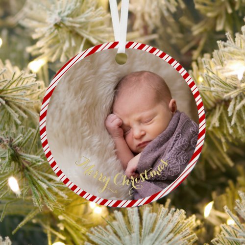 Baby Girl Boy First 1st Christmas Candy Cane Photo Metal Ornament