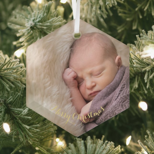 Baby Girl Boy First 1st Christmas Photo Hexagon Glass Ornament (Insitu)