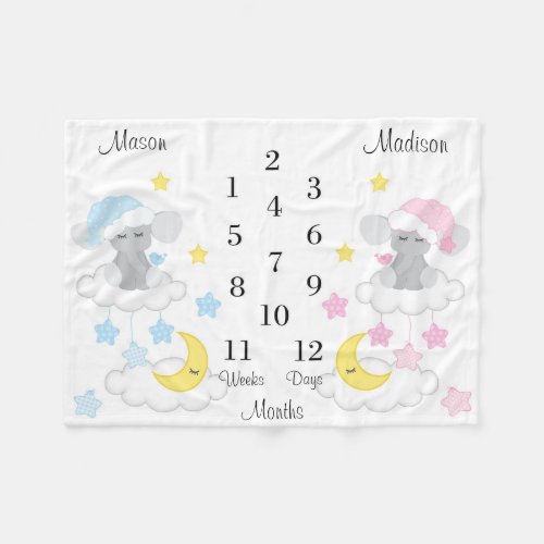 Baby Girl Boy Twin Elephant Month Monthly Fleece Blanket