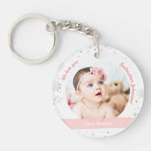 Baby Girl Boy Twins 2 Photos Names Godmother Snow Keychain