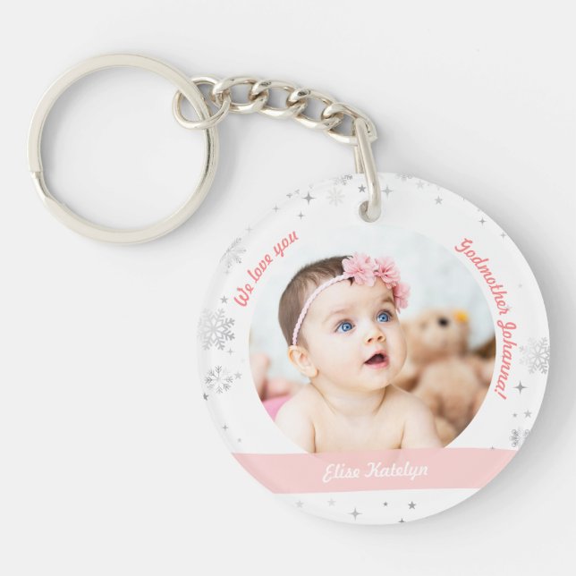Baby Girl Boy Twins 2 Photos Names Godmother Snow Keychain (Front)