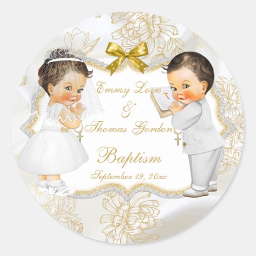 Baby Girl Boy Twins Communion Baptism Gold Cross Classic Round Sticker