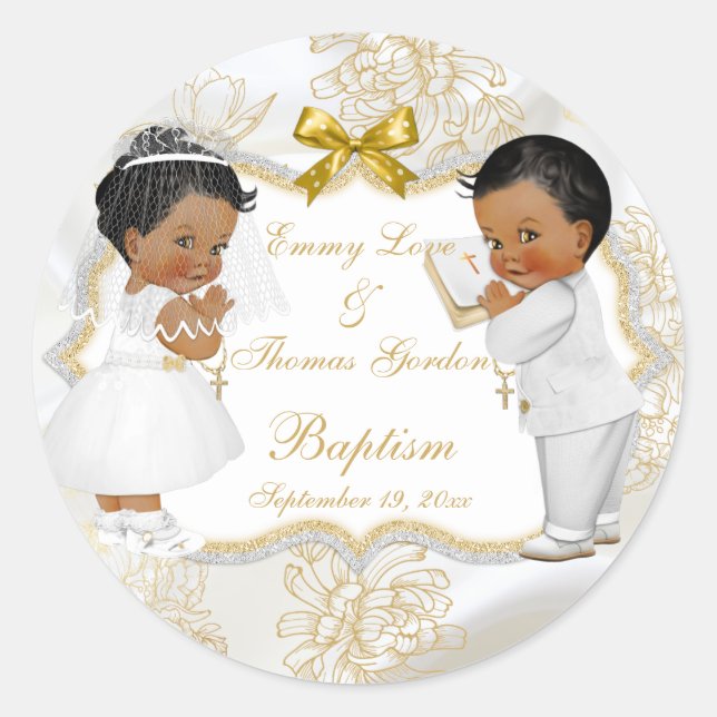 Baby Girl Boy Twins Communion Baptism Gold Cross Classic Round Sticker (Front)