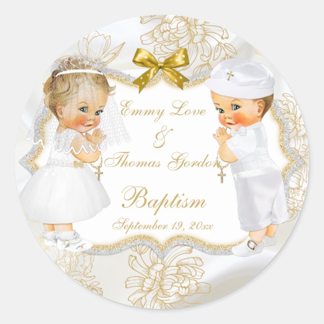 Baby Girl Boy Twins Communion Baptism Gold Cross Classic Round Sticker (Front)
