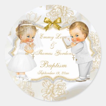 Baby Girl Boy Twins Communion Baptism Gold Cross Classic Round Sticker by HydrangeaBlue at Zazzle