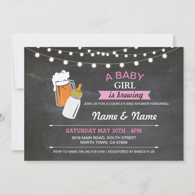 Baby Girl Brewing Shower Beers Pink Chalk Invite (Front)