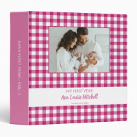 Baby Girl Bright Pink Gingham Check Photo Album 3 Ring Binder