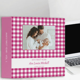 Baby Girl Bright Pink Gingham Check Photo Album 3 Ring Binder