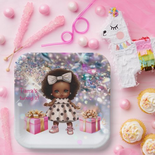 Baby Girl Brown Skin Bling Party Paper Plates