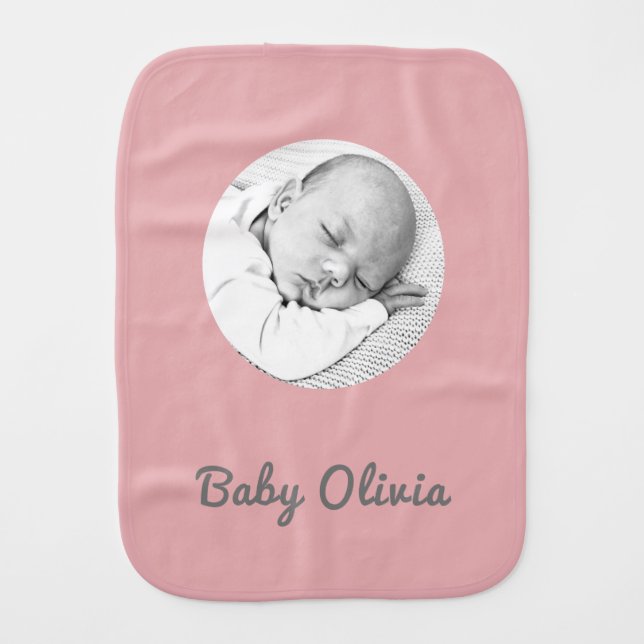 "Baby Girl Burp Cloth – Pink Photo & Name Gift" (Front)