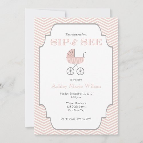 Baby Girl Chevron Sip and See Invitation