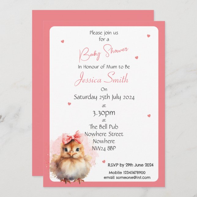 Baby Girl Chick Baby Shower Invitation (Front/Back)